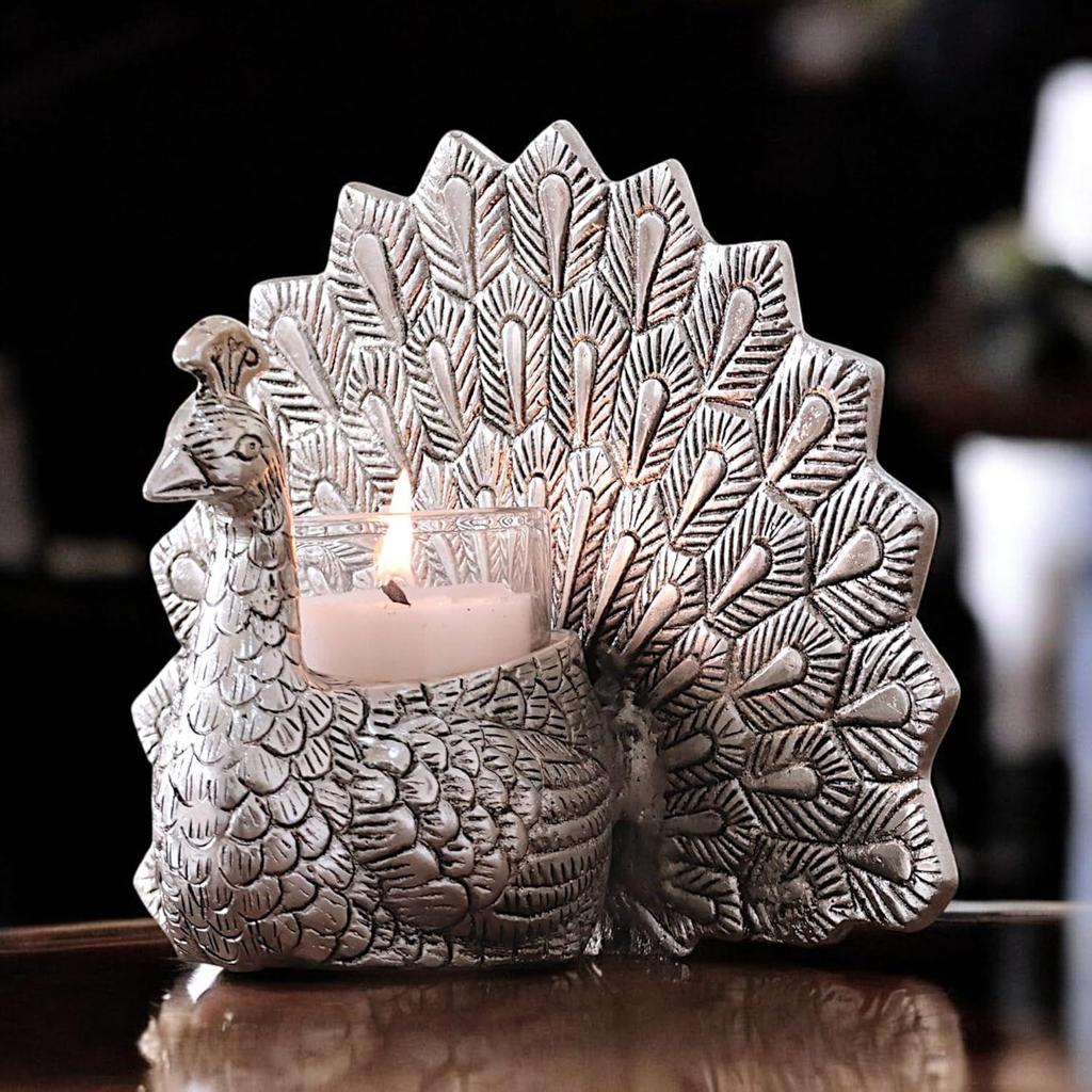 Metal Dancing Peacock Candle Holder Vastu Figurine for Good Luck and Love | Candle Holder for Home Dcor Tabletop Living Room Office | Showpiece