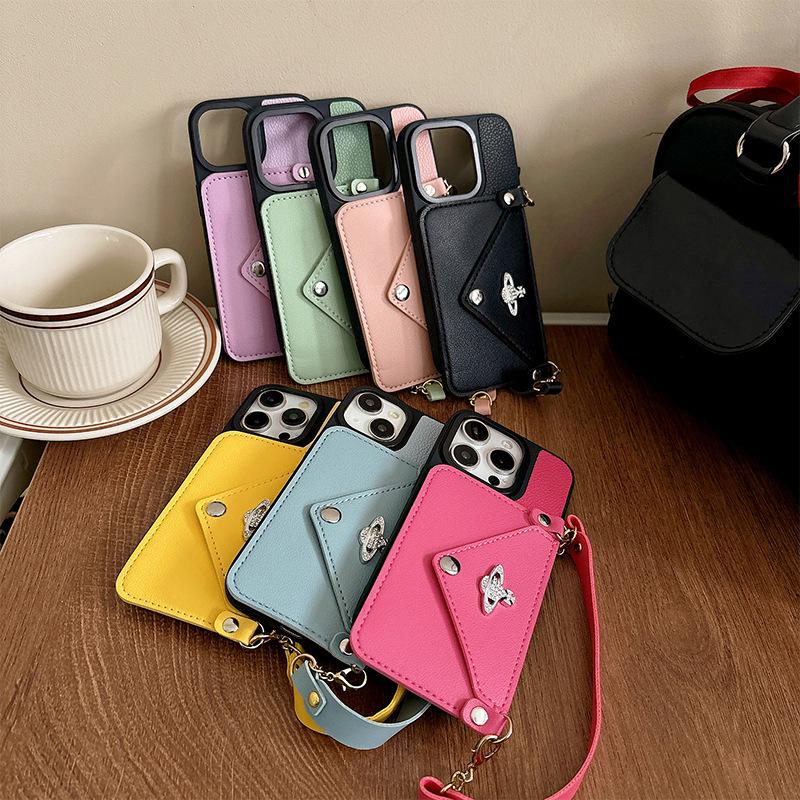 For Apple 16promax Rhinestone Button Wallet Mobile Phone Case for IPhone15 Portable Card Bag Planet Female New Model