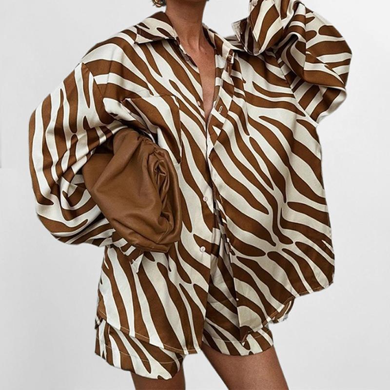 Women Fashion Printed Long Sleeve Shirt And Shorts Casual Two Piece Set