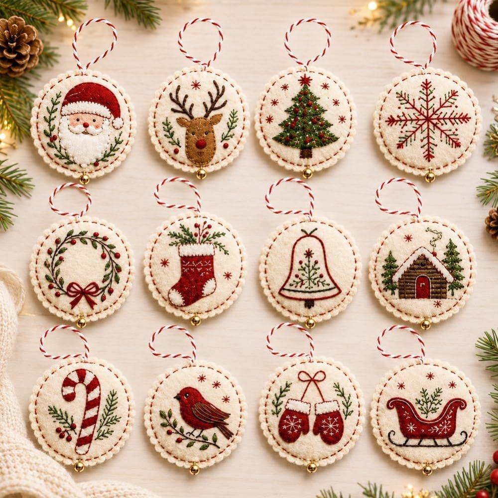 Round Xmas Tree Felt Embroidered Ornament Kit Pre-cut Felt Christmas Tree Pendant Kit  Gift