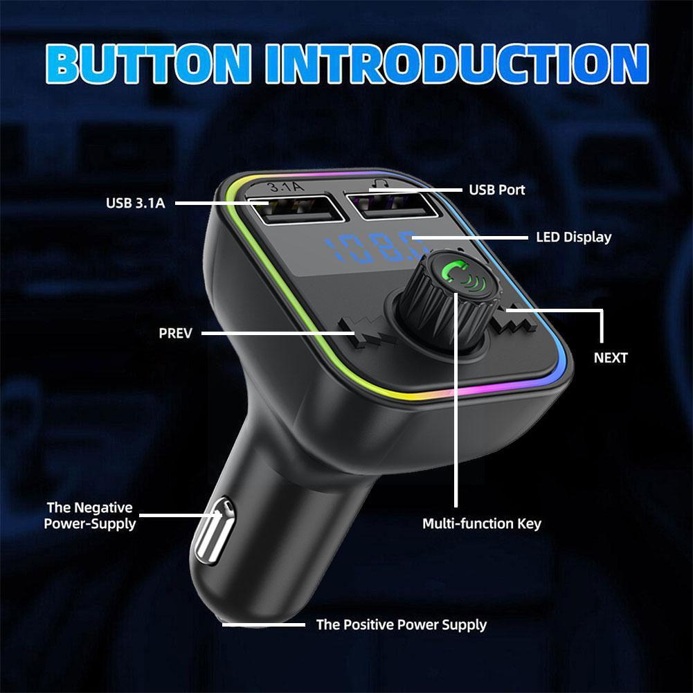 Car Handsfree Bluetooth 5.0 FM Transmitter Dual USB Fast Light Charger Player 3.1A MP3 Ambient Modulator Colorful M2S9
