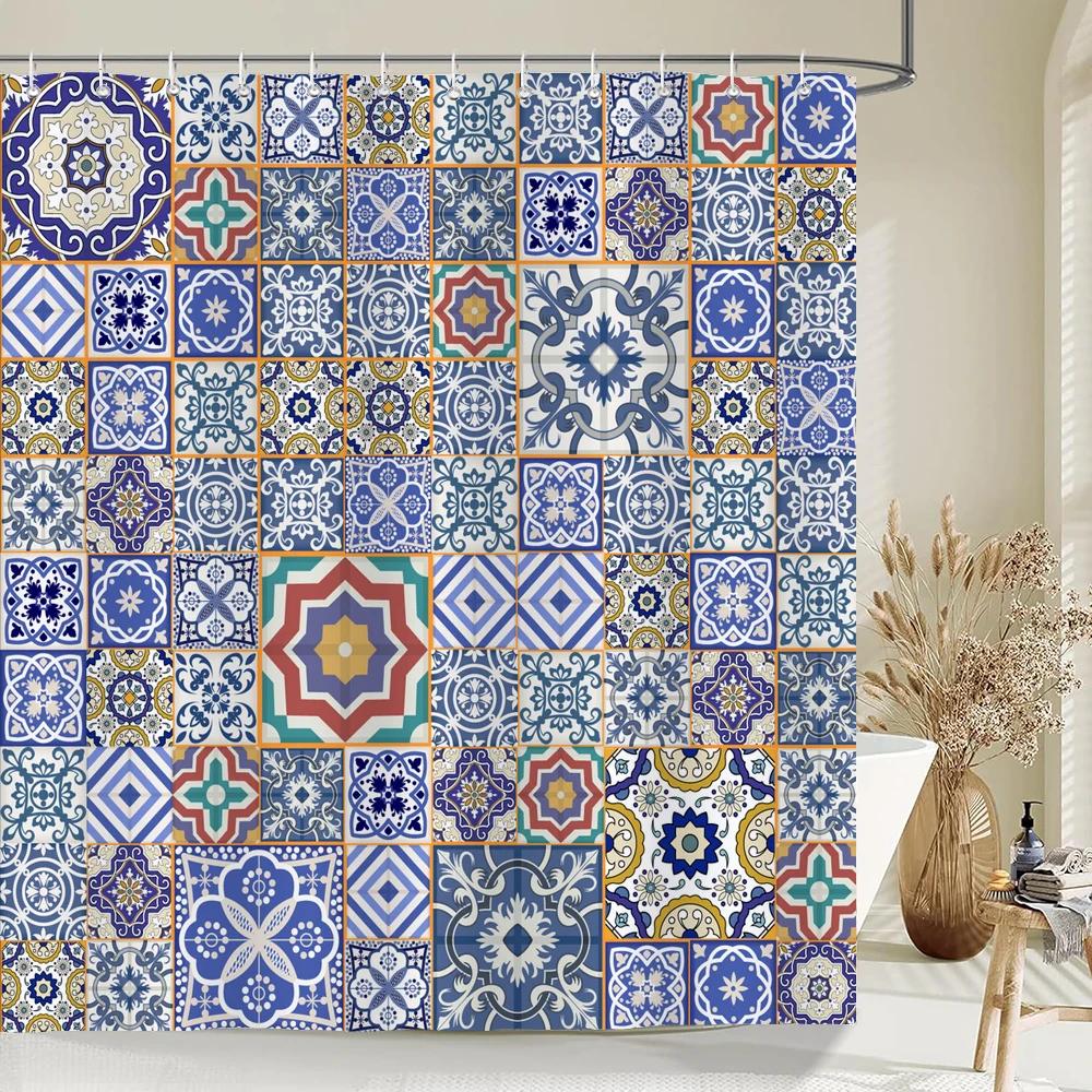 Indian Bohemian Fabric Shower Curtain Bathroom Curtains Boho Mandala Waterproof Fabric Bath Screen Bathtub Decor with 12 Hooks