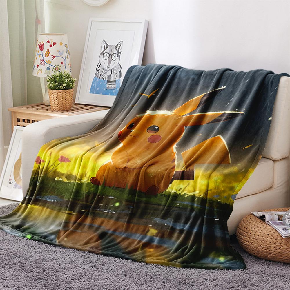 Cute Pikachu Print Flannel Blanket, High quality Comfortable for All Seasons, Home Decor, Warmth and Comfort