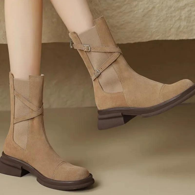 Модные полусапоги на молнии сзади для женщин Обувь Осень Зима Перекрестный ремешок Женские ботильоны челси Квадратный каблук Повседневные женские сапоги 35-40