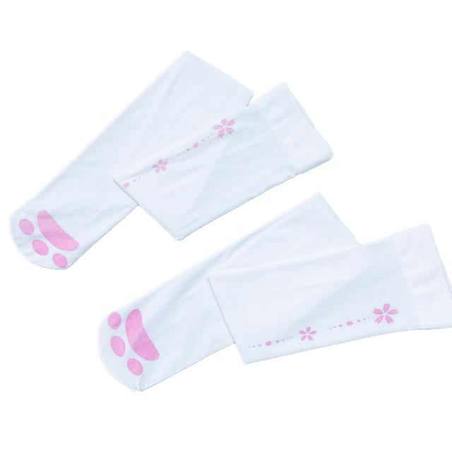 White&Pink Japanese Style Women Anime Cosplay Pantyhose Long Tube Socks Stockings Cat Paw Printed