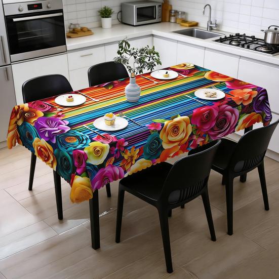Мексиканская Цветочная Скатерть Прямоугольная Скатерть с Узором в Стиле Народного Искусства с Зубчатым Краем Цветная Цветочная Покрышка для Обеденного Стола Декор для Вечеринки