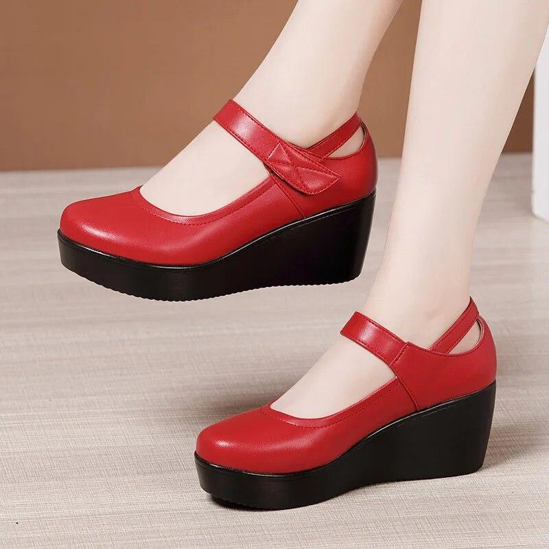 Round Toe Wedge Pumps Women Shoes Mary Jane Shoes Thick Bottom Leather Shoes Platform Pumps Fashion Brand Est Large Size