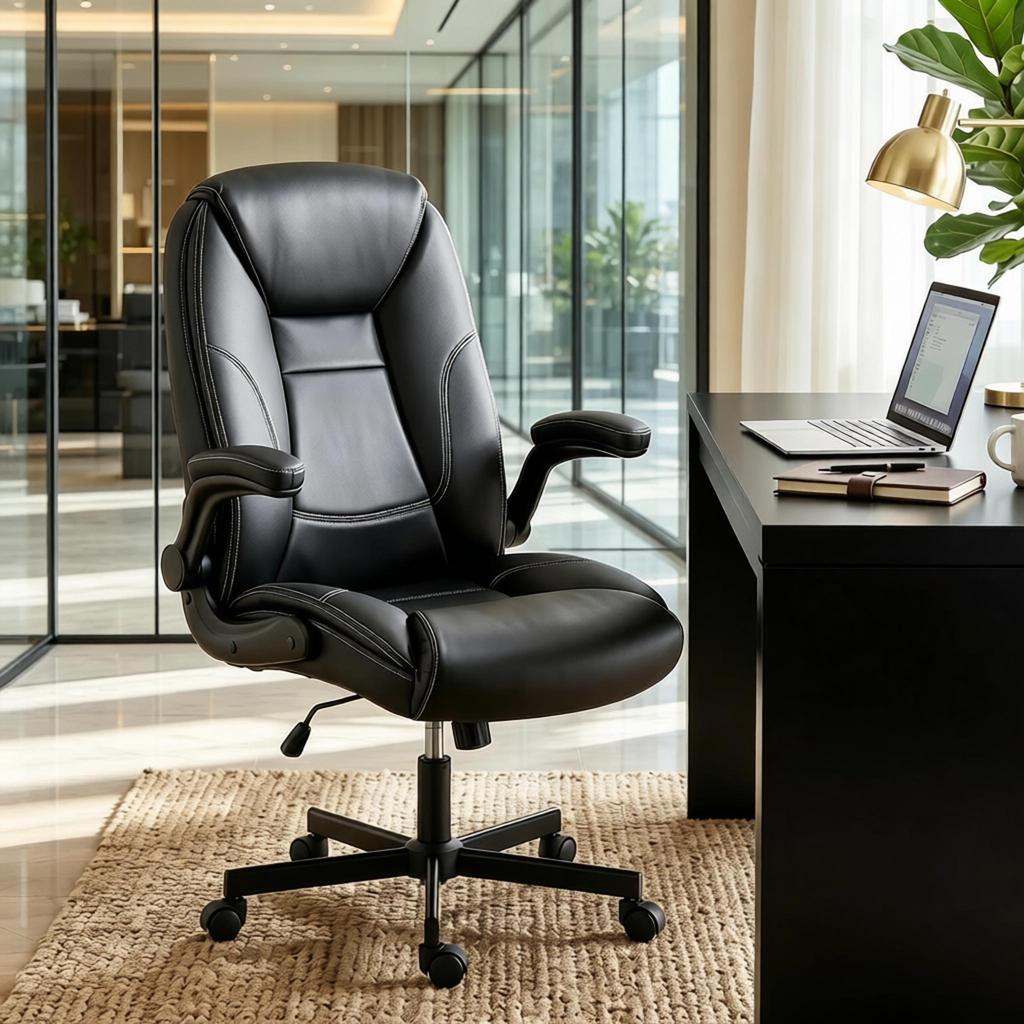 Ergonomic Office Chair, Desk Armchair with Flip-Up Armrests, Height-Adjustable, Tiltable, Black Leather Look