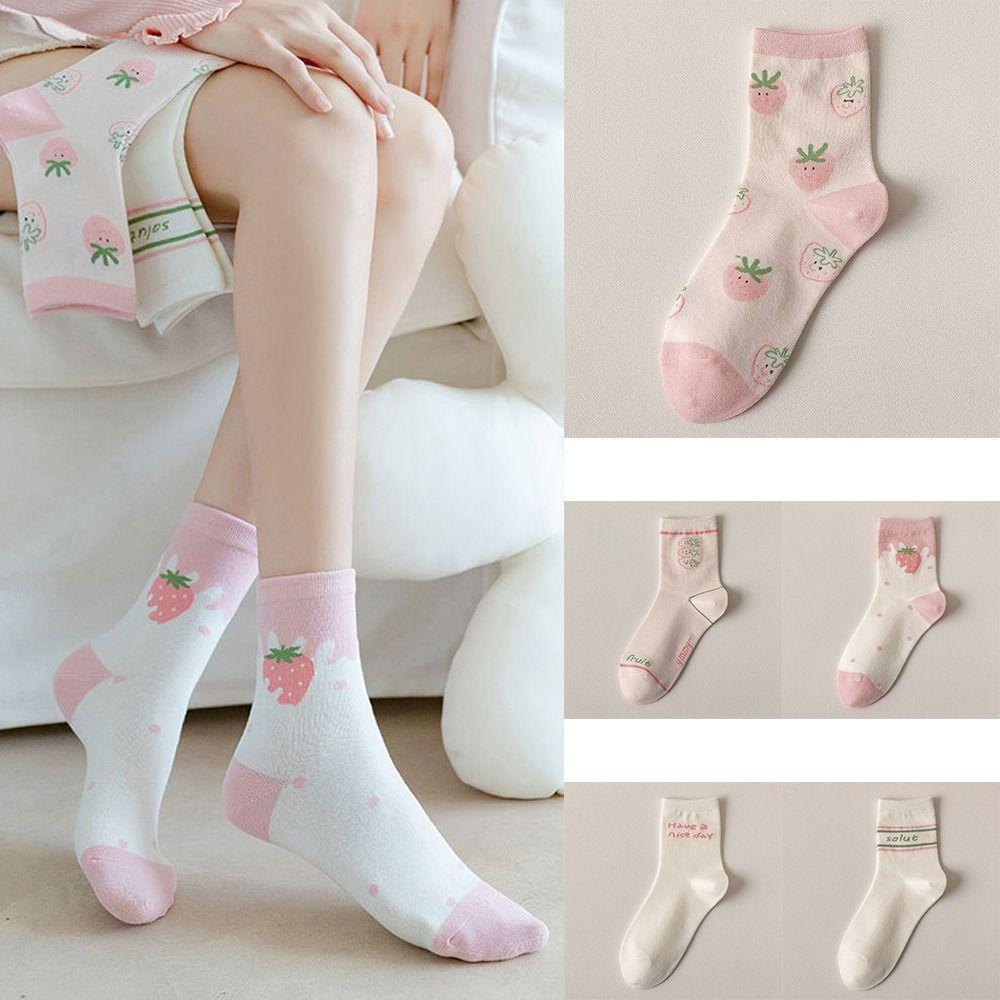 Breathable Women Cotton Socks Strawberry Milk Pattern Sports Socks High Quality Middle Tube Socks
