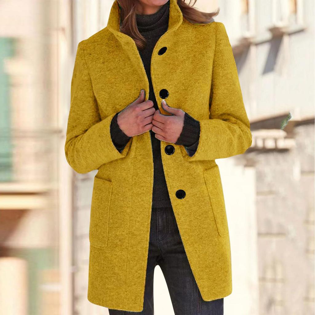 Women's Casual Coat Solid Color Long Sleeved Button Up Collar Pocket Woolen Jacket