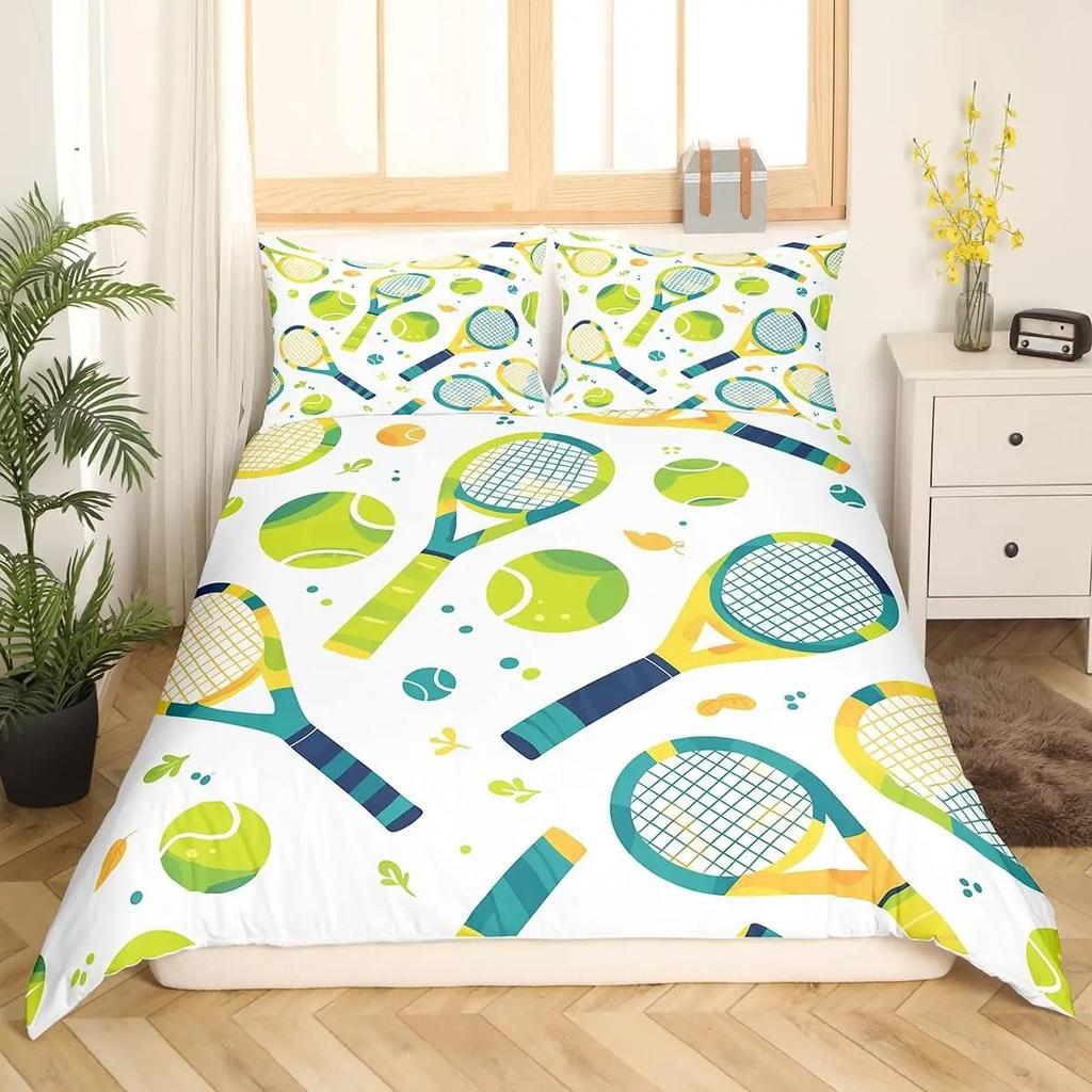 Tennis Bedding Set Full Size Sports Theme Comforter Cover Tennis Lover Duvet Cover Ball Games Yellow Black White Quilt Cover