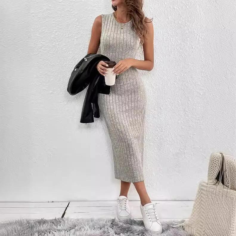 Летняя мода с круглым вырезом, однотонное трикотажное облегающее женское платье на бретельках, осеннее сексуальное серое платье макси с бедрами, вечерние платья