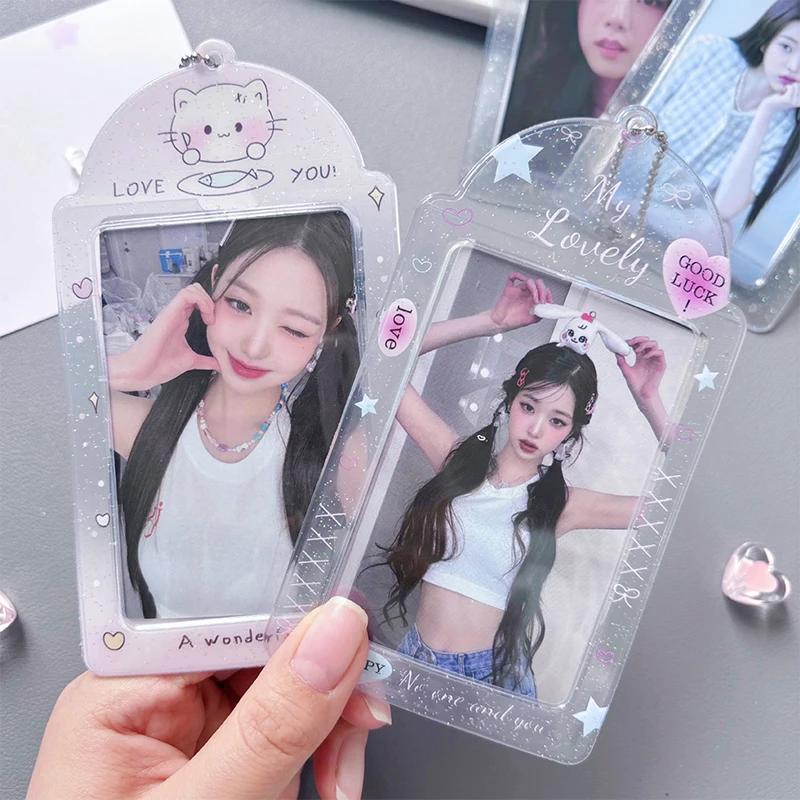 Прозрачный держатель для фотокарточек с блестящими сердечками Kpop Карточка для еды Карточка для автобуса Защитный чехол для фотокарточки Подвеска 1 шт.
