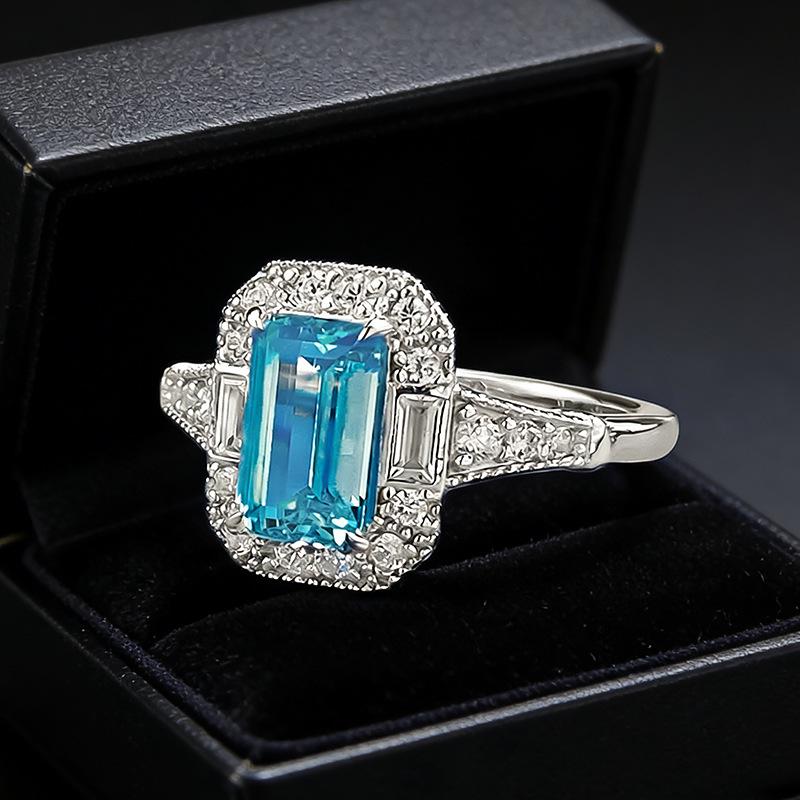 Кольцо Luoxi Temple Jewelry из серебра S925 с прямоугольным аквамарином 5x8 мм и бриллиантом, с закрепкой крапанами, универсальное, для женщин