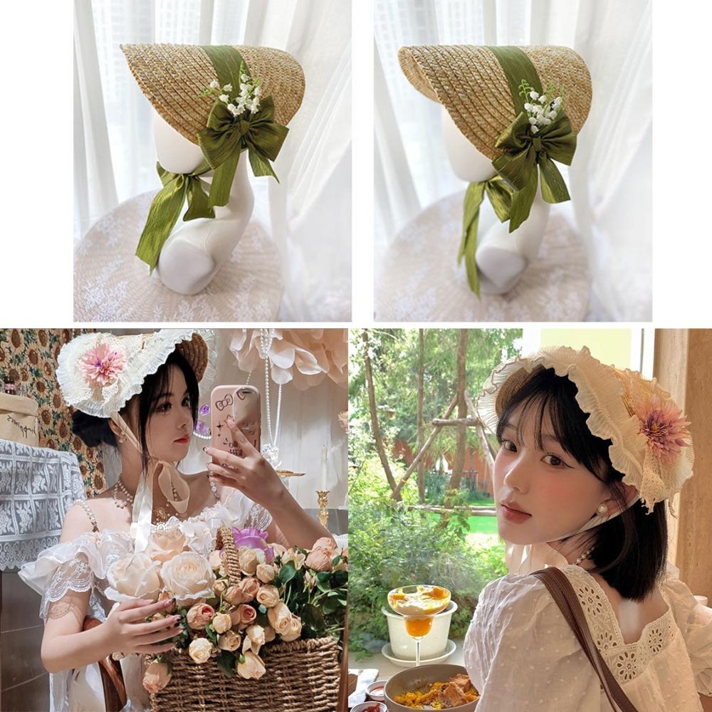 French Rural style Lolita Straw Hat Ribbon Bow Ruffle Lace Girl Sun Hat Handmade With Strap Ribbon Flower Flat Top Hat