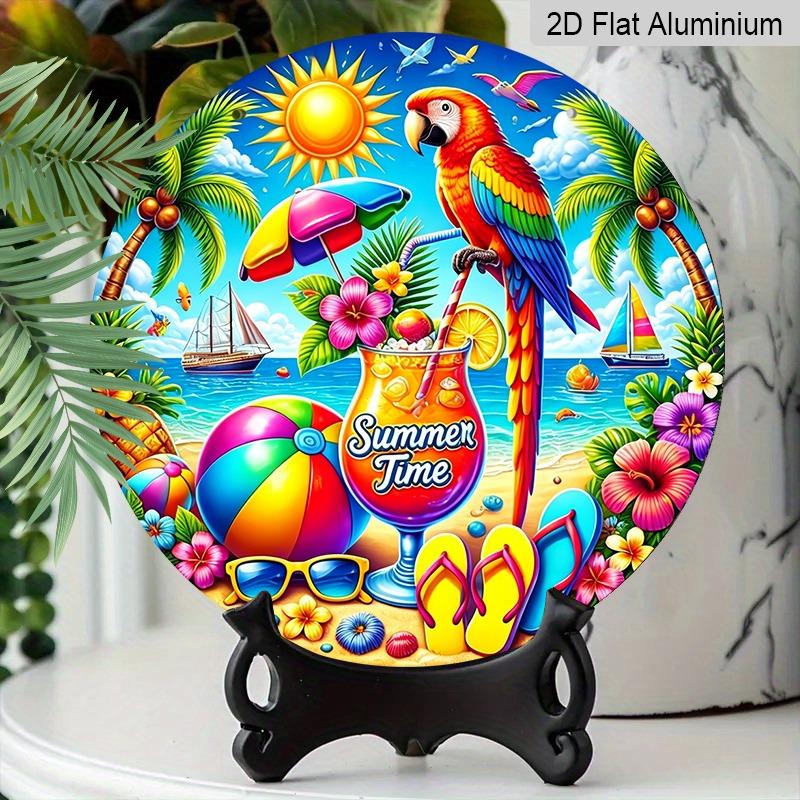 2D Flat Aluminum "Summer Moments" Decorative Signs and Plaques, Available in Various Sizes. Tropical Parrot Beach Pattern Metal Wall Decorations