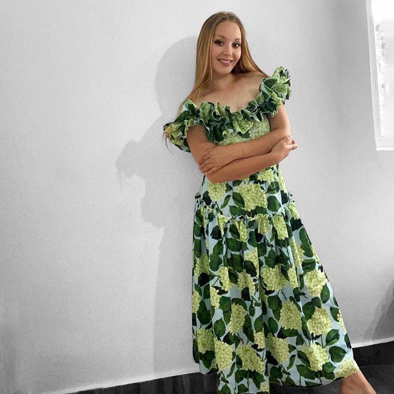 2024 Новое сексуальное бикини с рюшами в стиле ретро и высокой талией с принтом, модное с открытыми плечами, с принтом гортензии, с рюшами, цельный купальник и юбка, пляжный роскошный зеленый цвет