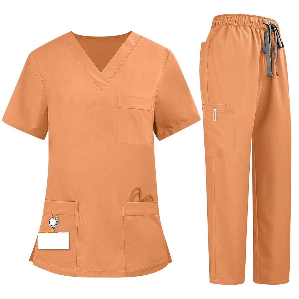 Soild Scrub Working Uniform Suit For Women's Cross V-Neck Short Sleeve Fun T-Shirts Workwear Tee With Pockets