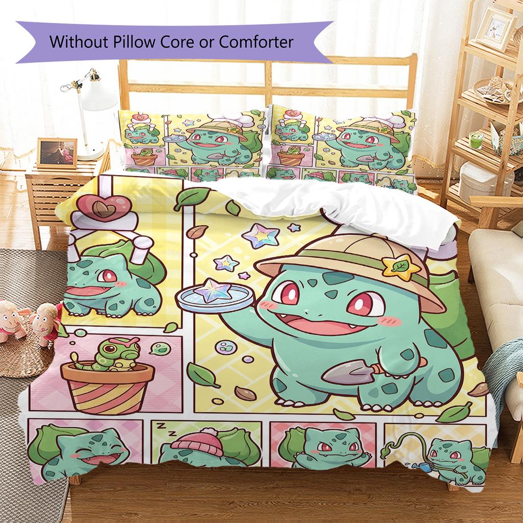 Bulbasaur Pattern Bedding Quilt Set Quilt Cover Pillowcase Home Decoration Birthday Gift (1 * duvet cover + 2 * pillowcase, without core)