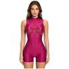 Womens Oil Shiny Bodysuit Swimwear Sheer Mesh Patchwork Mock Neck Sleeveless Back Zipper Boxer Bottom