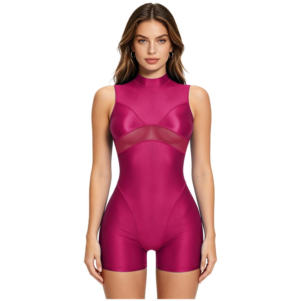 Womens Oil Shiny Bodysuit Swimwear Sheer Mesh Patchwork Mock Neck Sleeveless Back Zipper Boxer Bottom