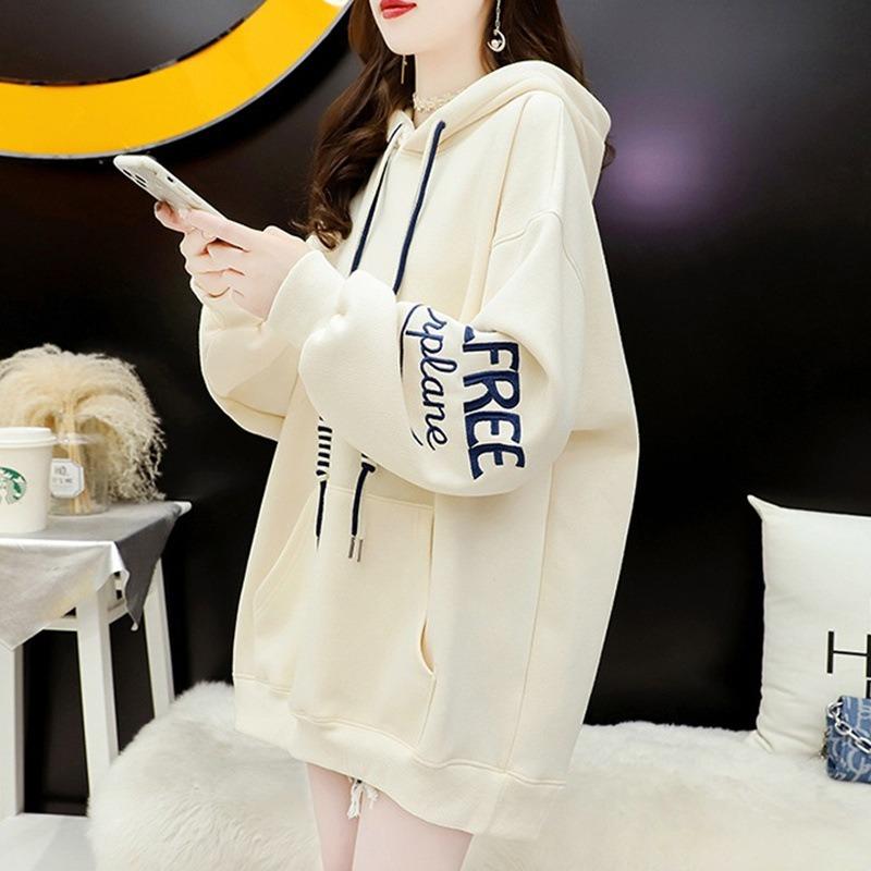 Women Loose Thin Mid Length Hooded Pullover Sweatshirt Casual Outerwear
