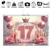 17th birthday party banner - The "Happy 17" design with pink and gold flashes, featuring balloons, roses and candles