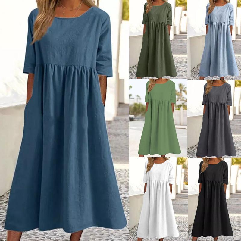 Women's Summer Solid Color Round Neck Half Sleeve Casual Long Solid Color Dress