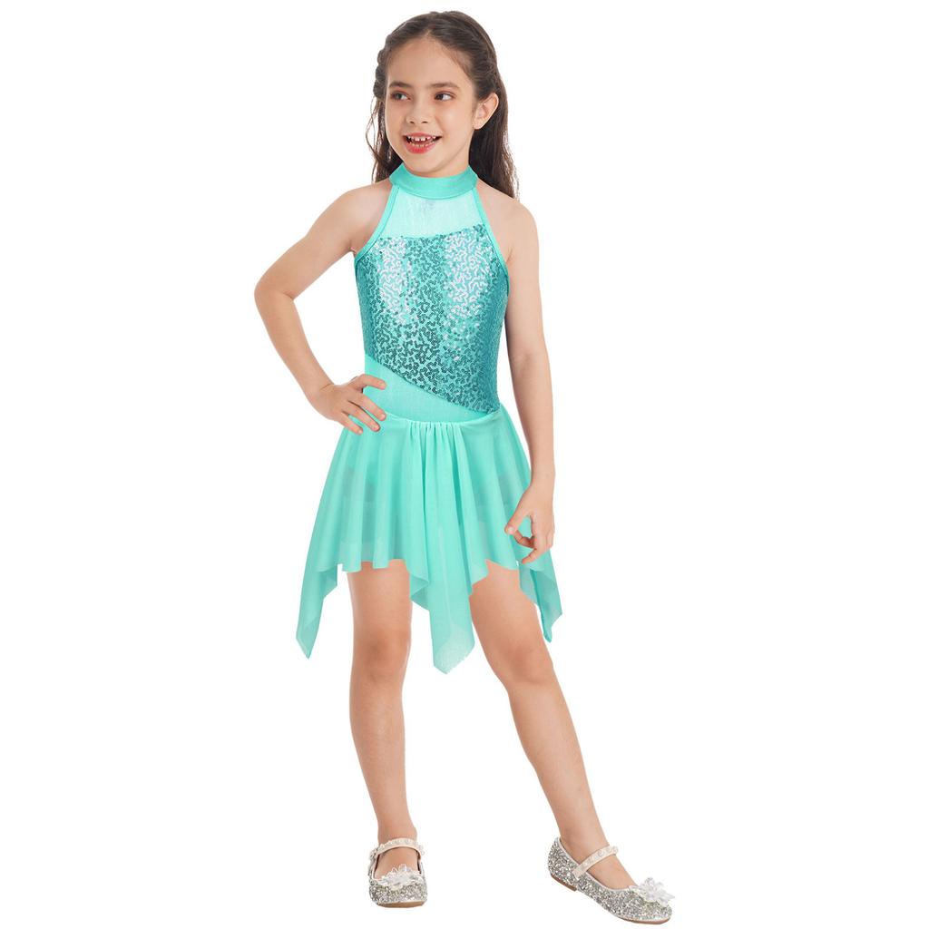 Kids Girls Sleeveless Shiny Sequins Asymmetrical Hem Ballerina Lyrical Modern Dance Leotard Dress