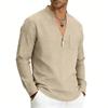 Loose-fit, breathable men’s casual linen shirt with a wide V-neck and a stand-up collar, ideal for outdoor wear