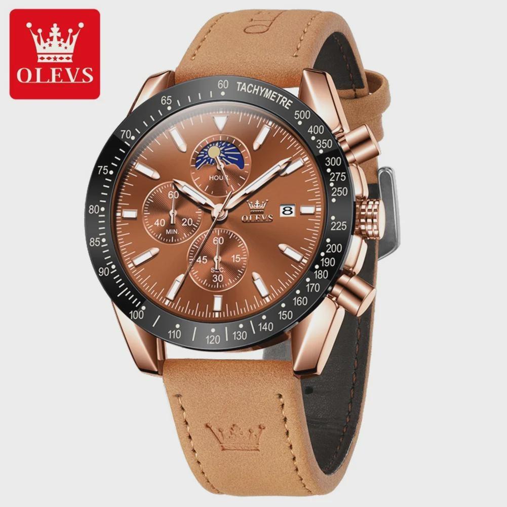 Luxury Quartz Watch for Men Nubuck Leather Strap Waterproof Chronograph Wristwatch New In Moon Phase Man Watch