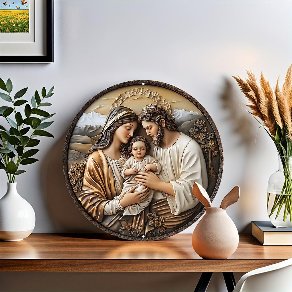 "Jesus Holy Family" Round 2D Wooden Logo: Home Decoration, Weather Resistant, Pre-Drilled, HD Printing, Superior Quality