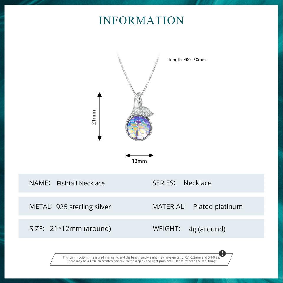 BAMOER 925 Sterling Silver Mermaid Fishtail Pendant Necklace Colorful Fish Scales Neck Chain for Women Fine Jewelry Gift
