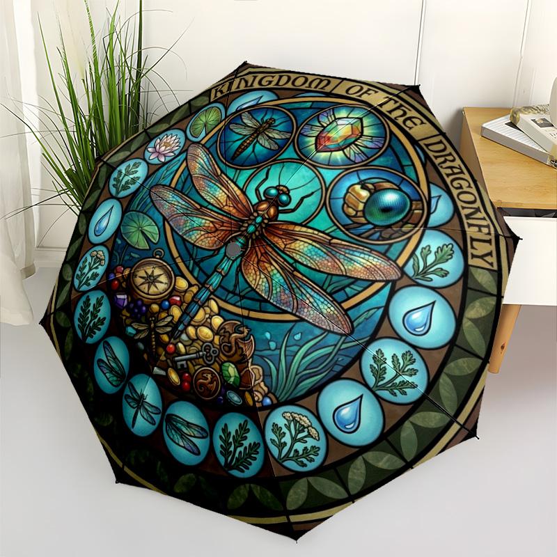 Dragonfly Kingdom Glass pattern umbrella, portable and foldable design, 8 ribs, a casual accessory for Halloween, Christmas, and birthday gifts.