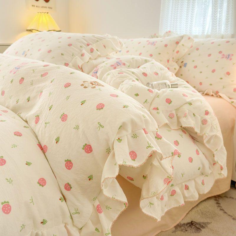 Ins Strawberry Bedding Set Spring Summer Soft Ruffles Princess Floral Duvet Cover No Filler Pillowcase Bed Sheet Quilt Cover