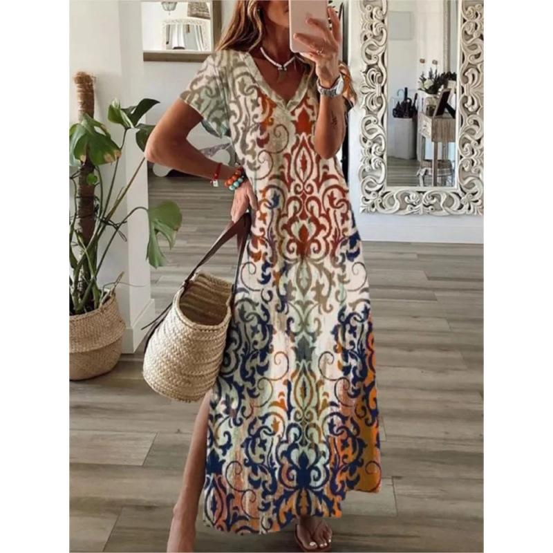 Summer Extra Long Dress Casual V-Neck Long Sleeve Bohemian Peacock Print Floral Dress