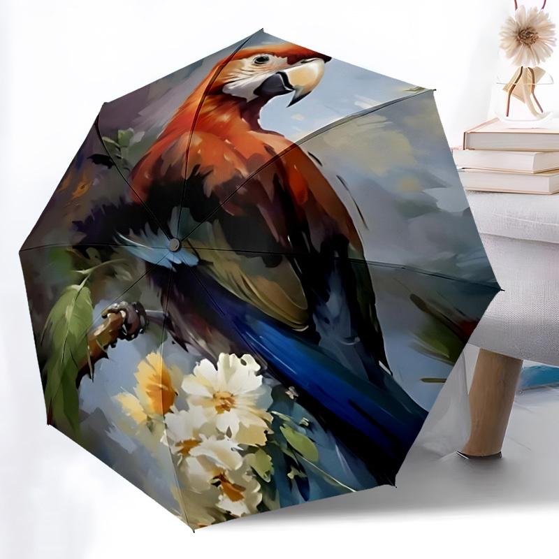 1pc Parrot Flowers Auto Folding Umbrella, Sturdy And Durable Automatic Folding Umbrella with 8 Ribs, Convenient for Outdoor Us