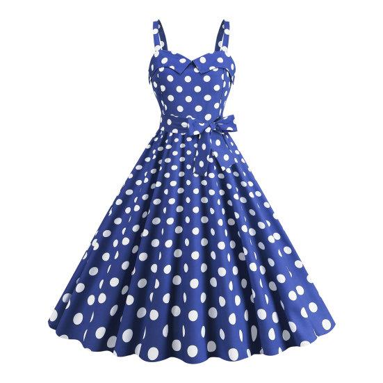 Women Vintage Dress 50s Retro A-line Big Swing Sleeveless Dot Print Contrast Color Elastic Bust High Tight Waist Backless
