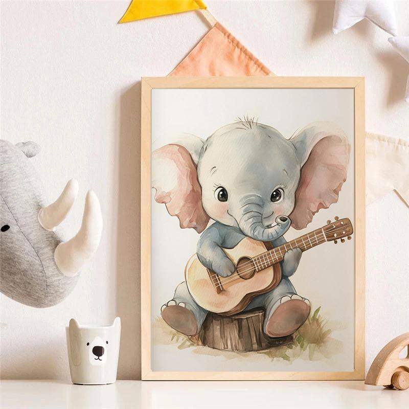 Watercolor Cute Animals Fox, Elephant, Bear, Playing Instruments Poster Canvas Painting Print Nursery Wall Art Home Decor
