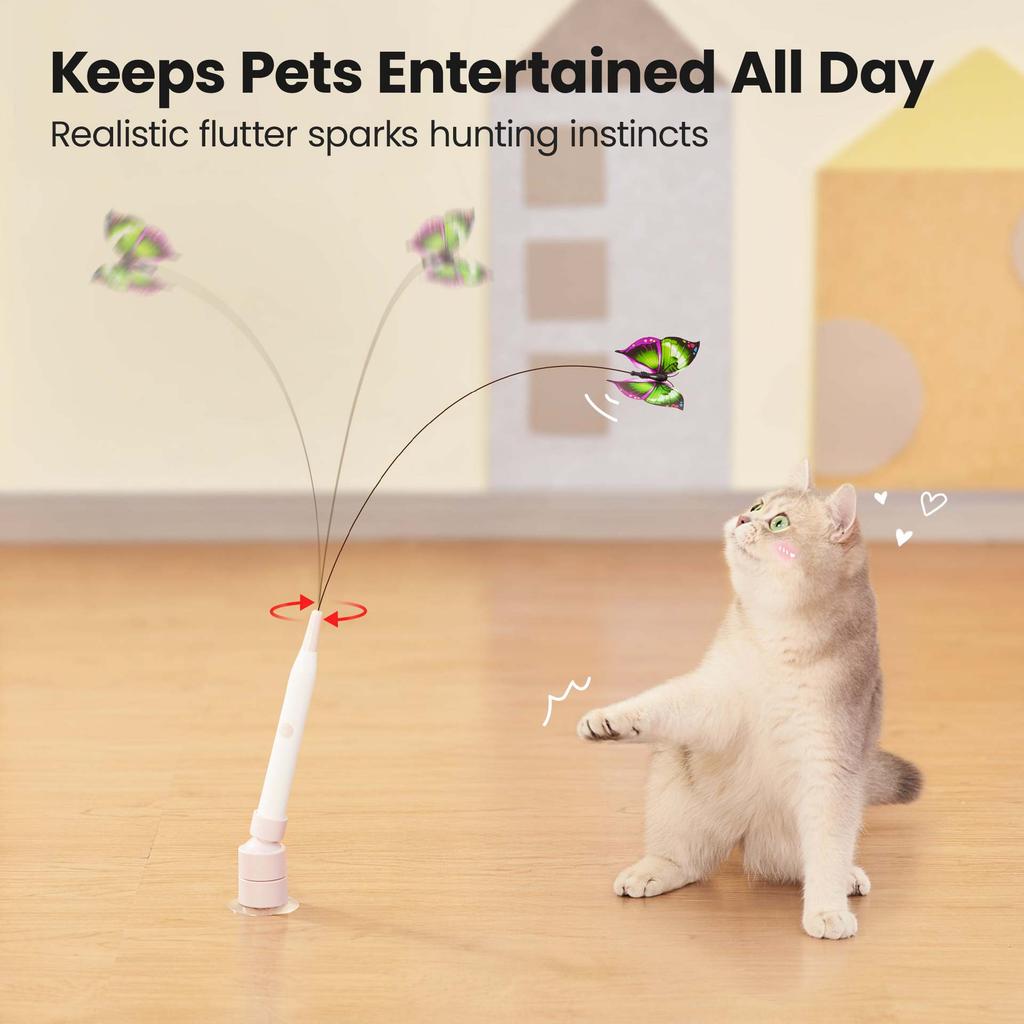 80cm Long Flexible Electric Butterfly Cat Wand, Auto Rotating Cat Teaser Toy, Boredom Relief Interactive Cat Play Toy