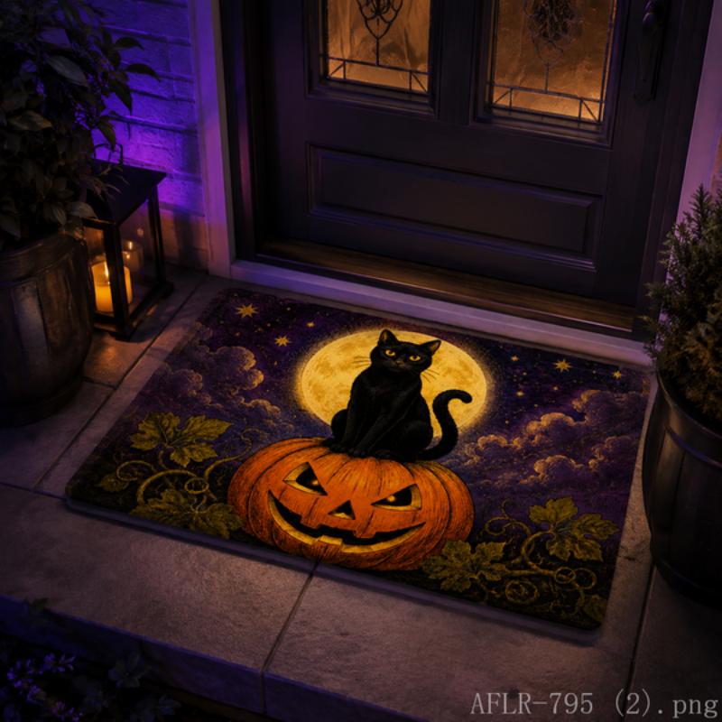 VIKAMA Halloween Black Cat Pumpkin Doormat Full Moon Starry Sky Non Slip Welcome Mat Indoor Outdoor Entrance Decor Rug