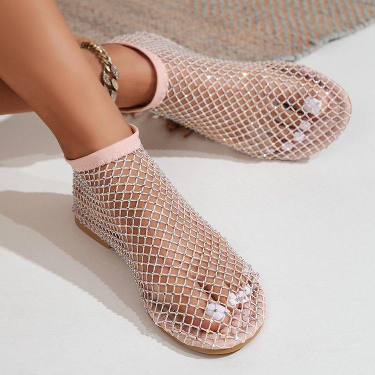 Fashion Women's Flat Sandals Rhinestone Fishing Net Sandals Flat Bottom Footware Roman Flat Party Shoes Zapatillas Mujer 2024