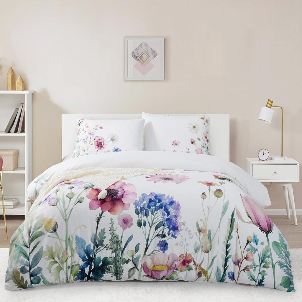White Leaf Three-piece Quilt Cover Digital Printing Bedding Set Simple Flower Bed Cover