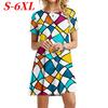 S-6XL Плюс Размер Моды Женщин 3D Геометрический Принт Платье Повседневный Круглый Вырез Короткий Рукав Платье Летнее Свободное Мини Короткое Платье