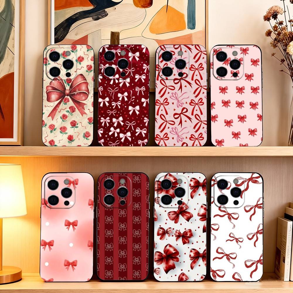 Red Bow Dots F-Folds Texture Phone Case For iPhone 17, 16,15,14,13,12,11 Plus,Pro Max, Others Soft Black Cover