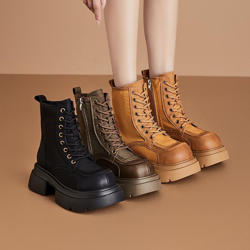 New retro rhubarb boots women's thick-soled leather Martin boots women's lace-up casual thick-heeled short boots