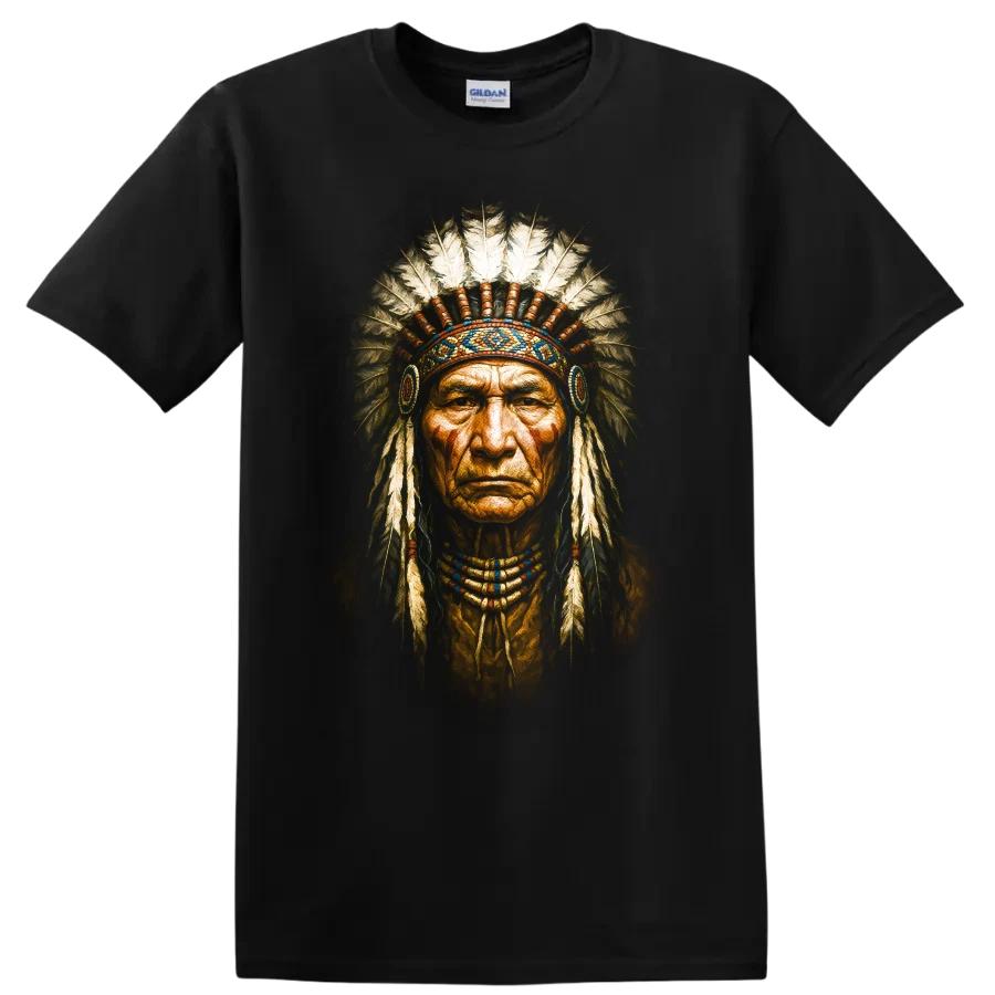 Native American Chief Portrait T Shirt Warrior Feather Headdress Tribal Tee