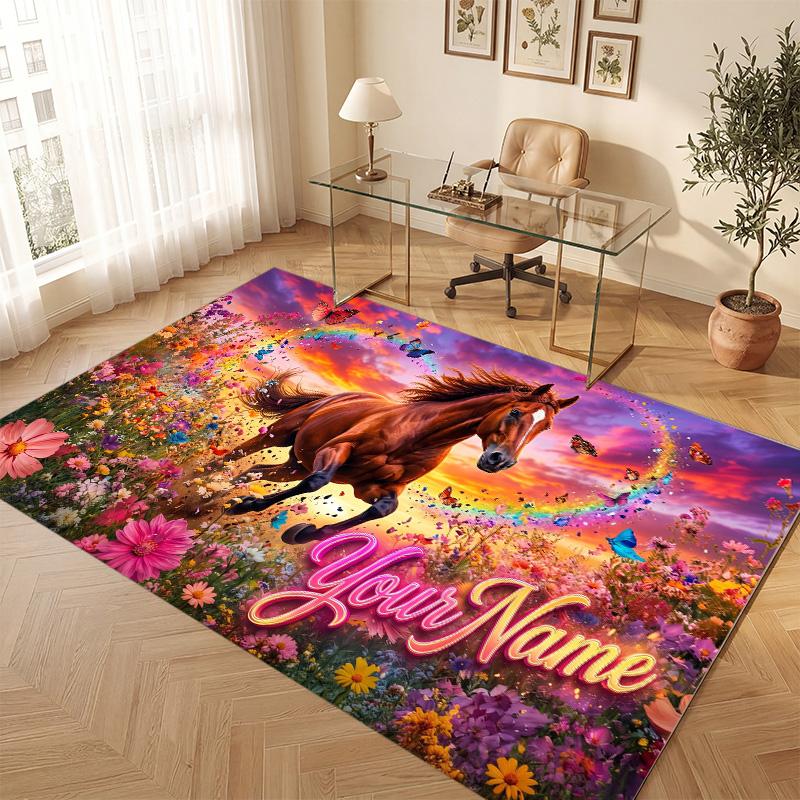 Horse Theme Soft Crystal Velvet Rug Custom Name & Text Print Non Slip Floor Rug for Bedroom Living Room
