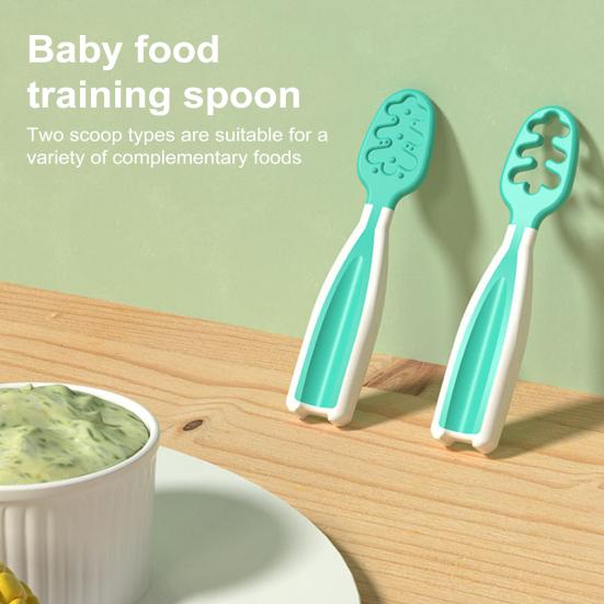 2Pcs Babies Food Training Spoons Set for 6+ Months Attractive Colors Portable Safe TPE Self Feeding Utensils for BLW Toddler Learning Tableware