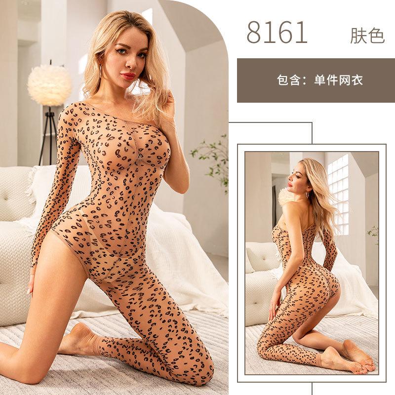 Leopard Print Lingerie Skin Tone Perspective Shoulder One-piece Large Size Sexy Hot Nightclub Suit
